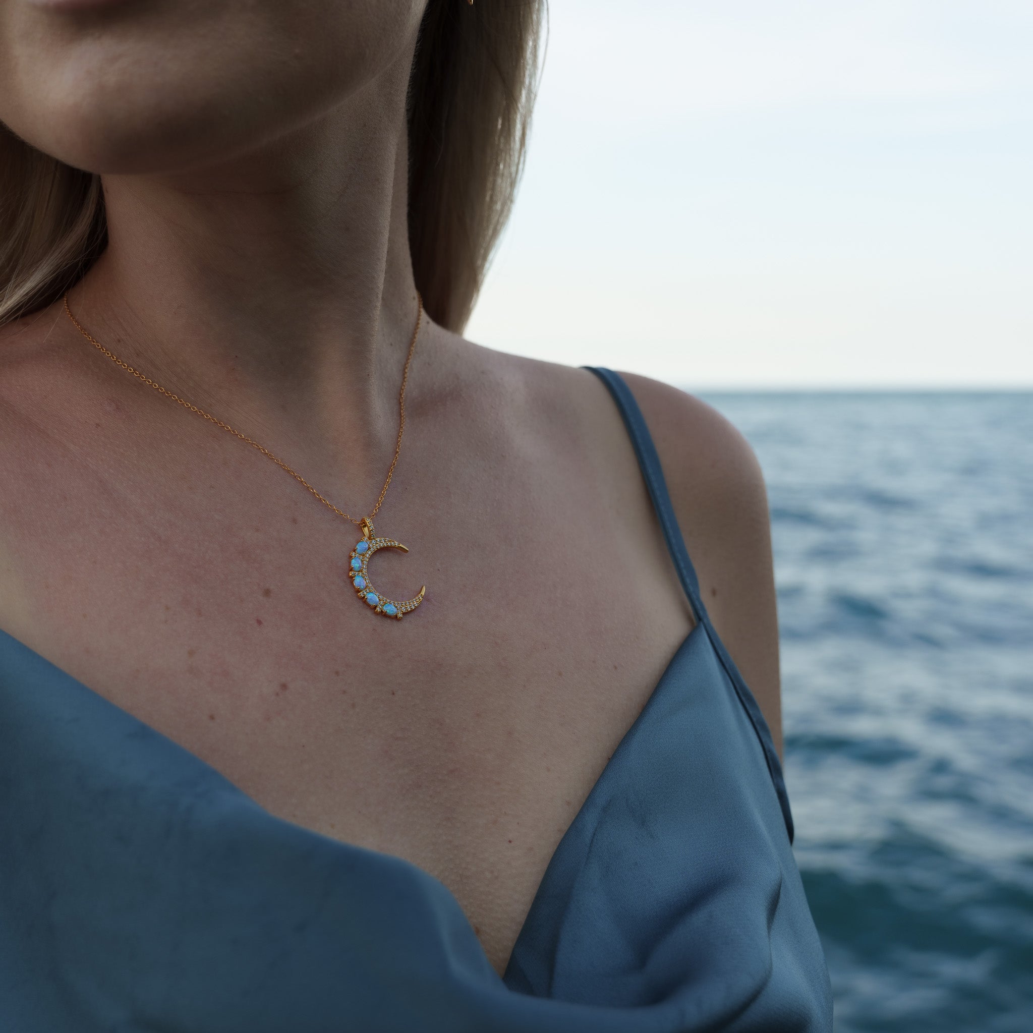 Luna Blue Opal Gold Crescent Moon Necklace