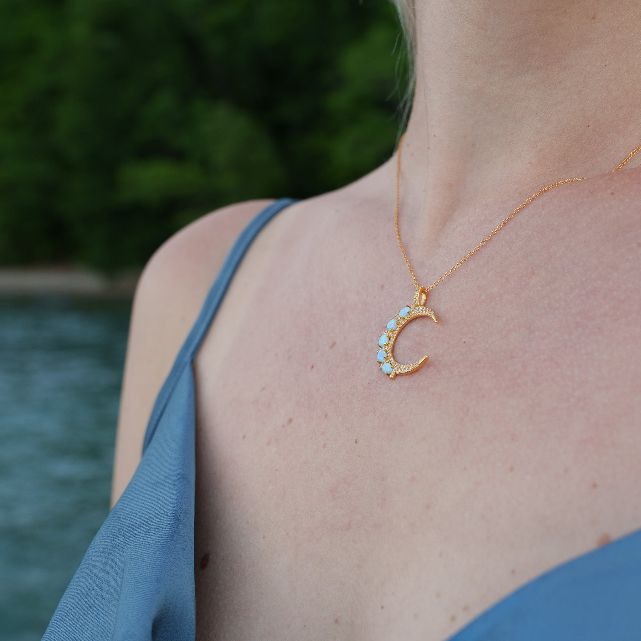 Luna Blue Opal Gold Crescent Moon Necklace