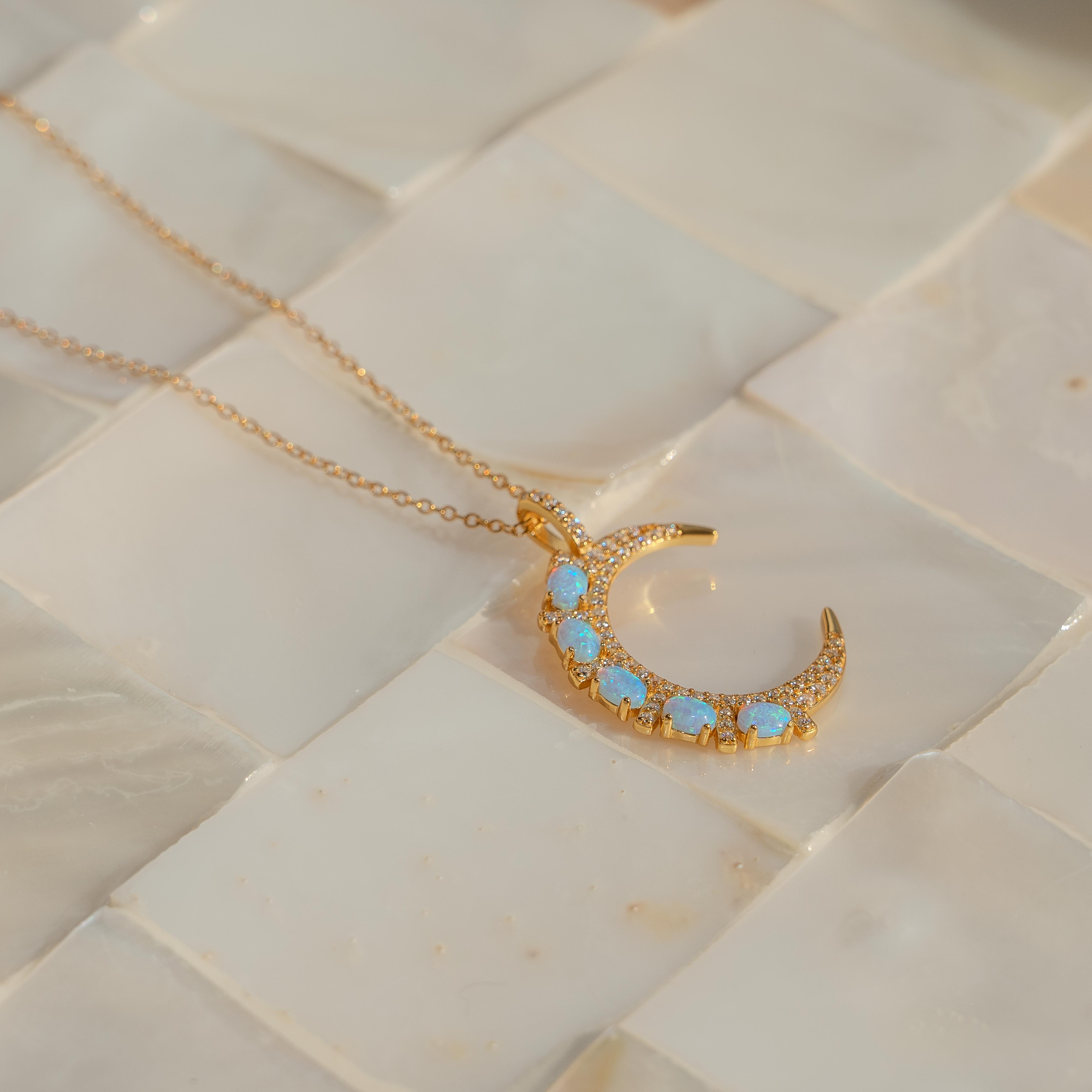Luna Blue Opal Gold Crescent Moon Necklace