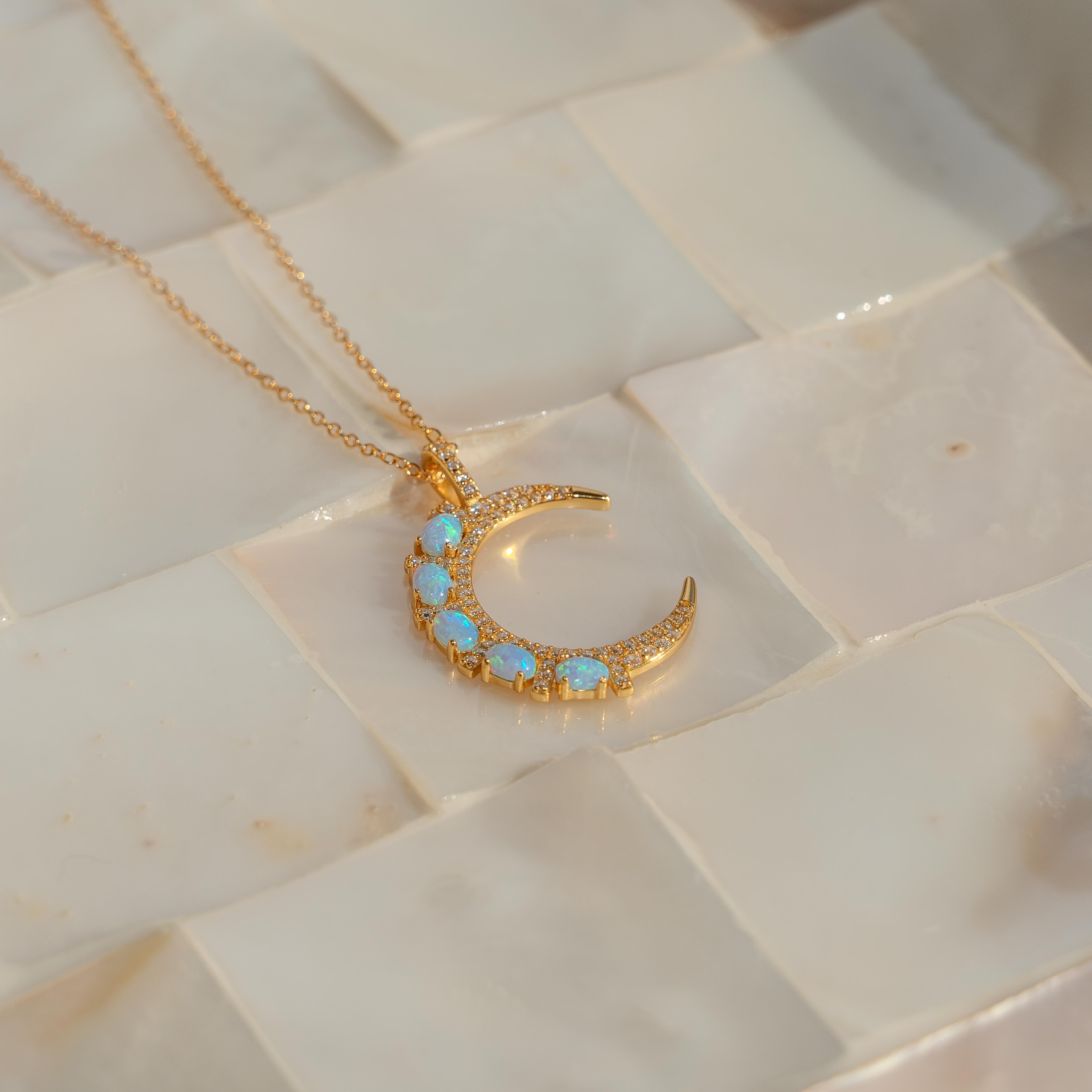 Luna Blue Opal Gold Crescent Moon Necklace
