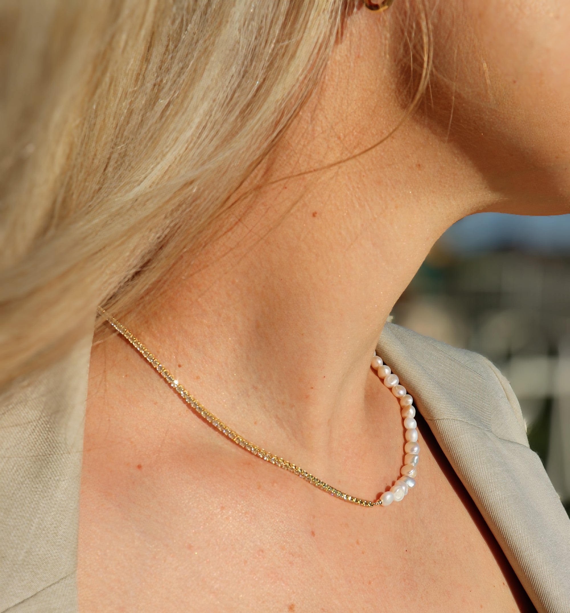 Janina Gold Freshwater Pearl Tennis Chain Necklace