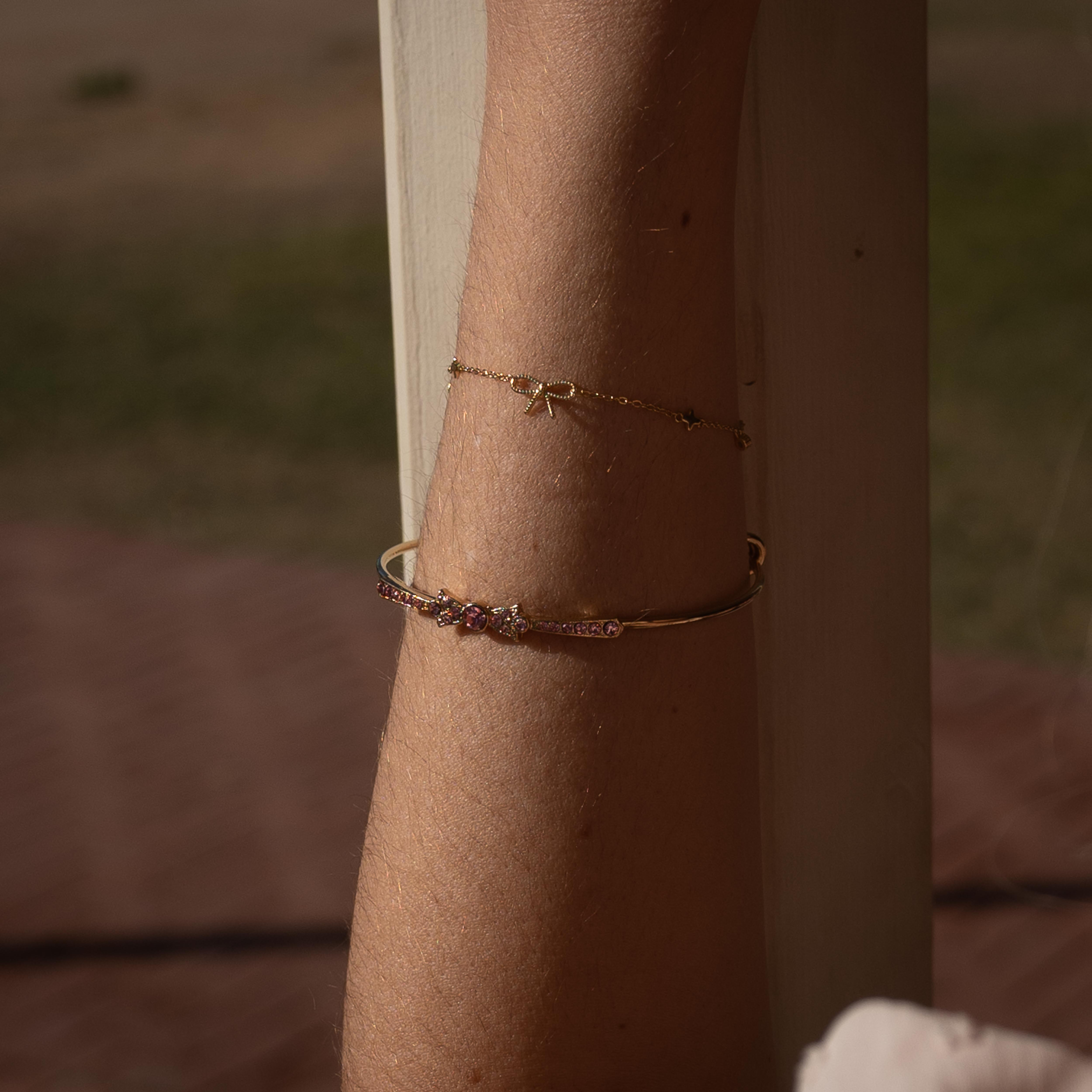 Lily Pink Crystal Bow Gold Bangle
