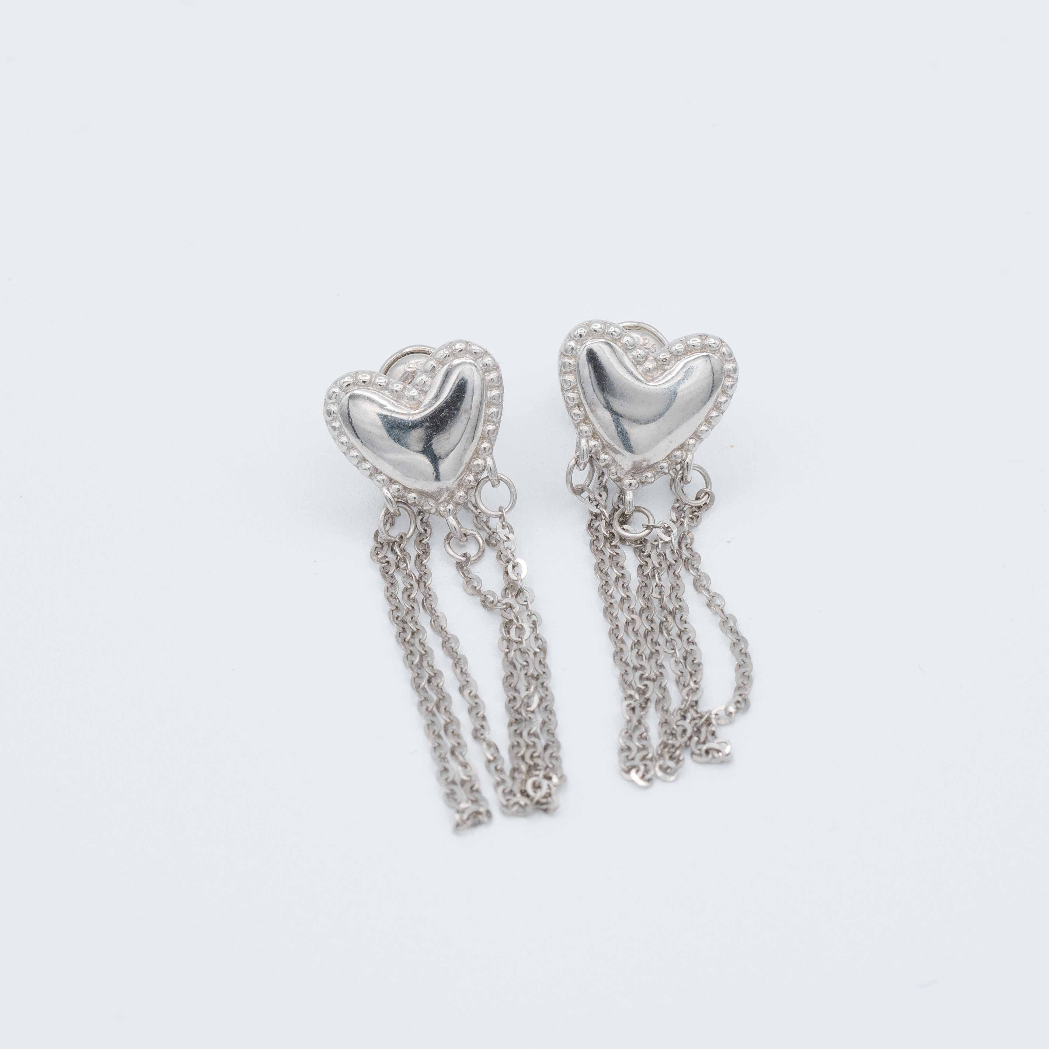 Bess Silver Heart Tassel Back Earrings